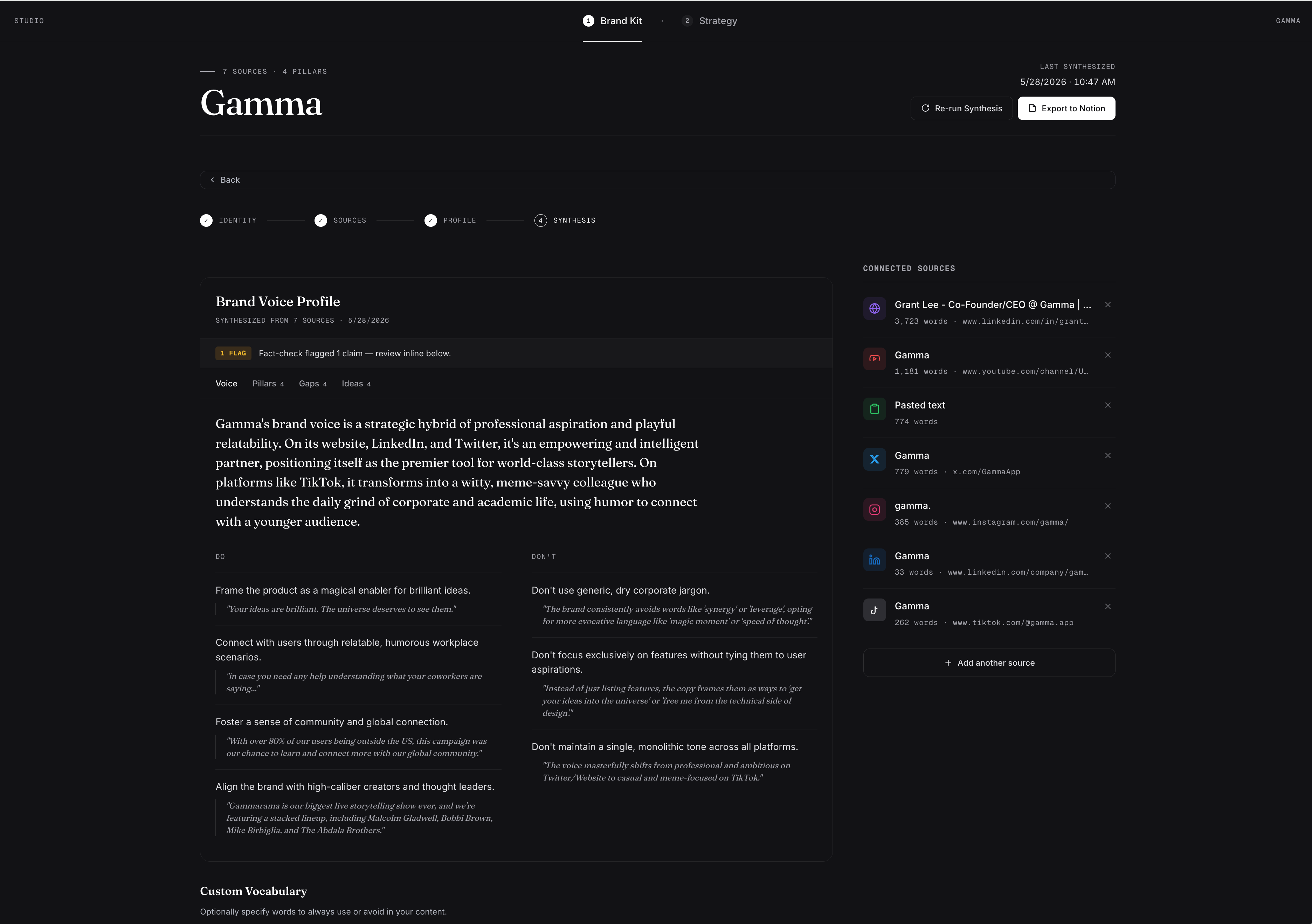 Gamma's Brand Kit showing the new Brand Voice Profile card with Voice / Pillars / Gaps / Ideas tabs and the Connected Sources rail with LinkedIn, YouTube, TikTok, X, and Instagram icons