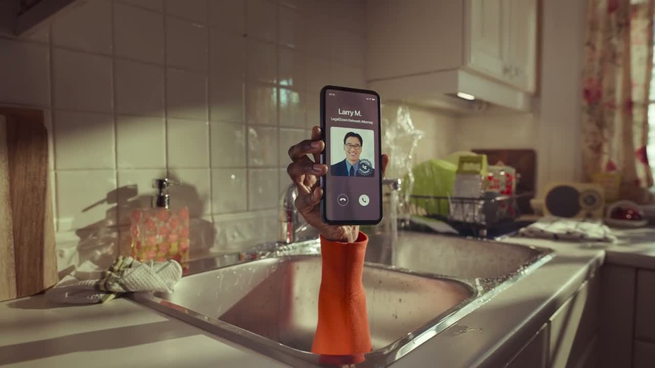 Frame from LegalZoom's A Legal Hand campaign: an orange-sleeved hand rises out of a kitchen sink holding a phone with a LegalZoom network attorney calling.