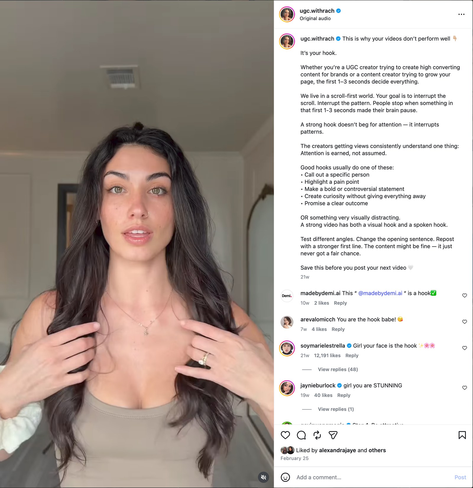 Instagram reel by @ugc.withrach teaching hook writing, with a top comment about her face being the hook at over 12,000 likes