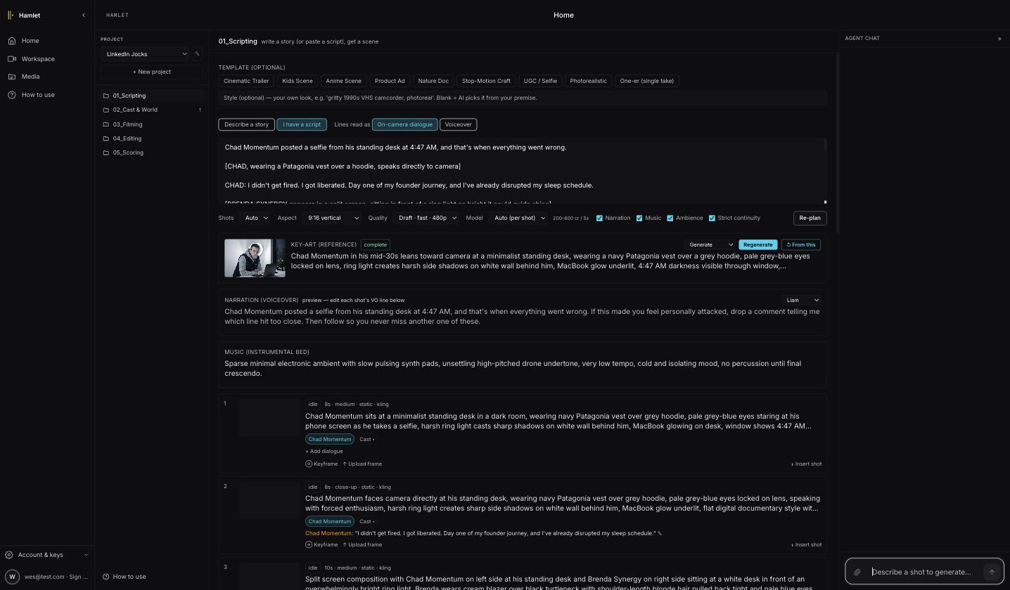 A ScriptHooks script inside Hamlet: verbatim text, key art generated, narration voice assigned, music bed planned