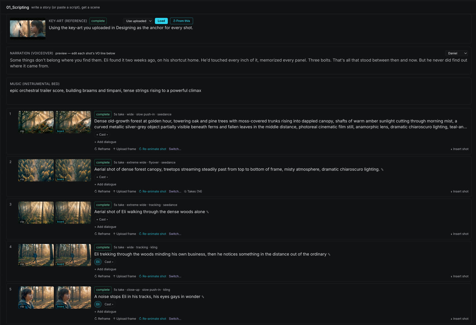 Hamlet scripting canvas: key art anchoring every shot, narration and music planned, five rendered shots with storyboard frames and finished takes