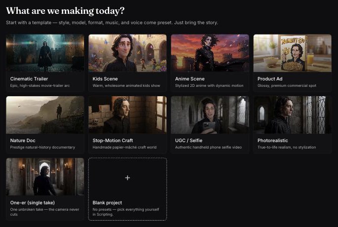 Hamlet, an AI film studio from the makers of ScriptHooks: templates for cinematic trailers, anime, product ads, and more.