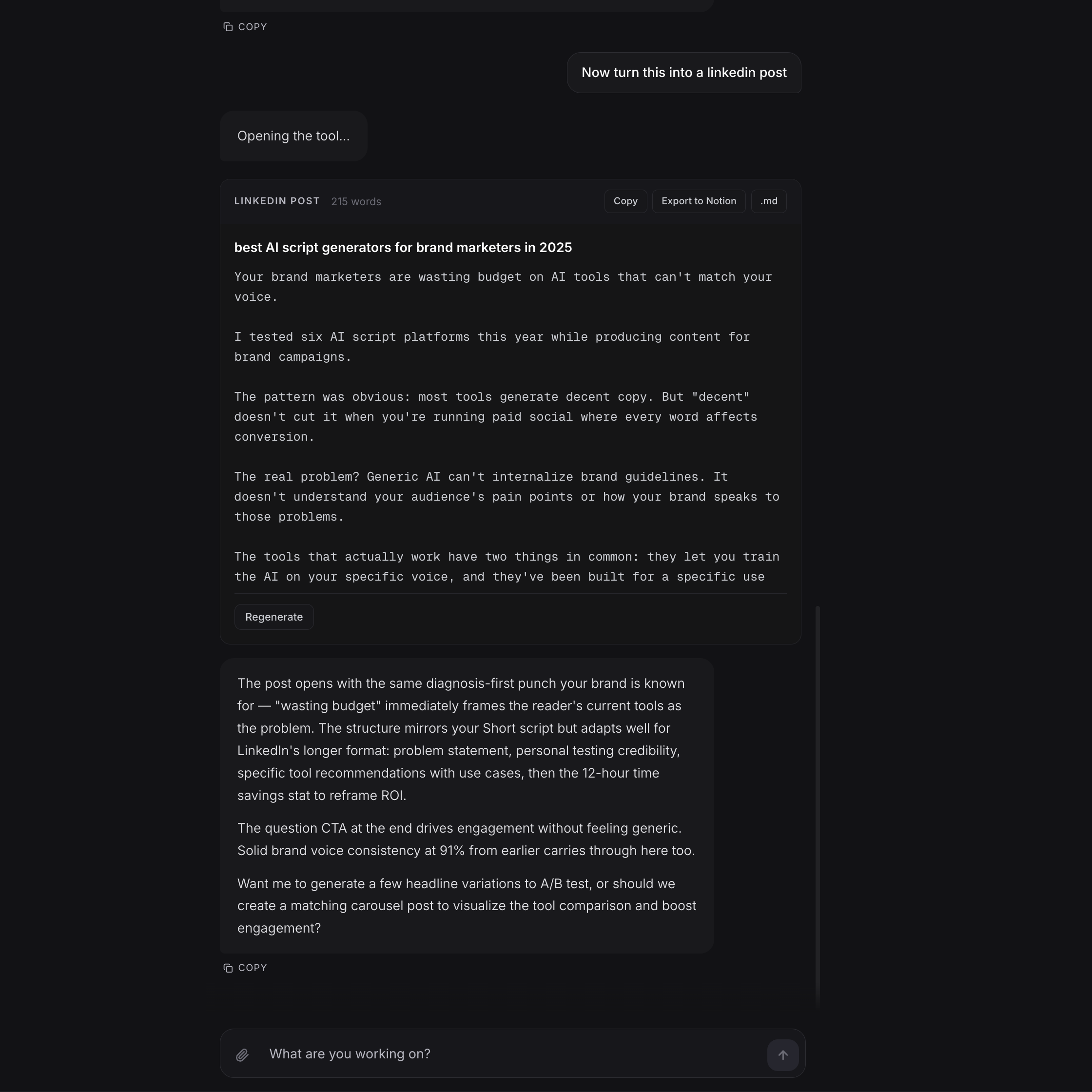 AI Chat turning a generated script into a LinkedIn post