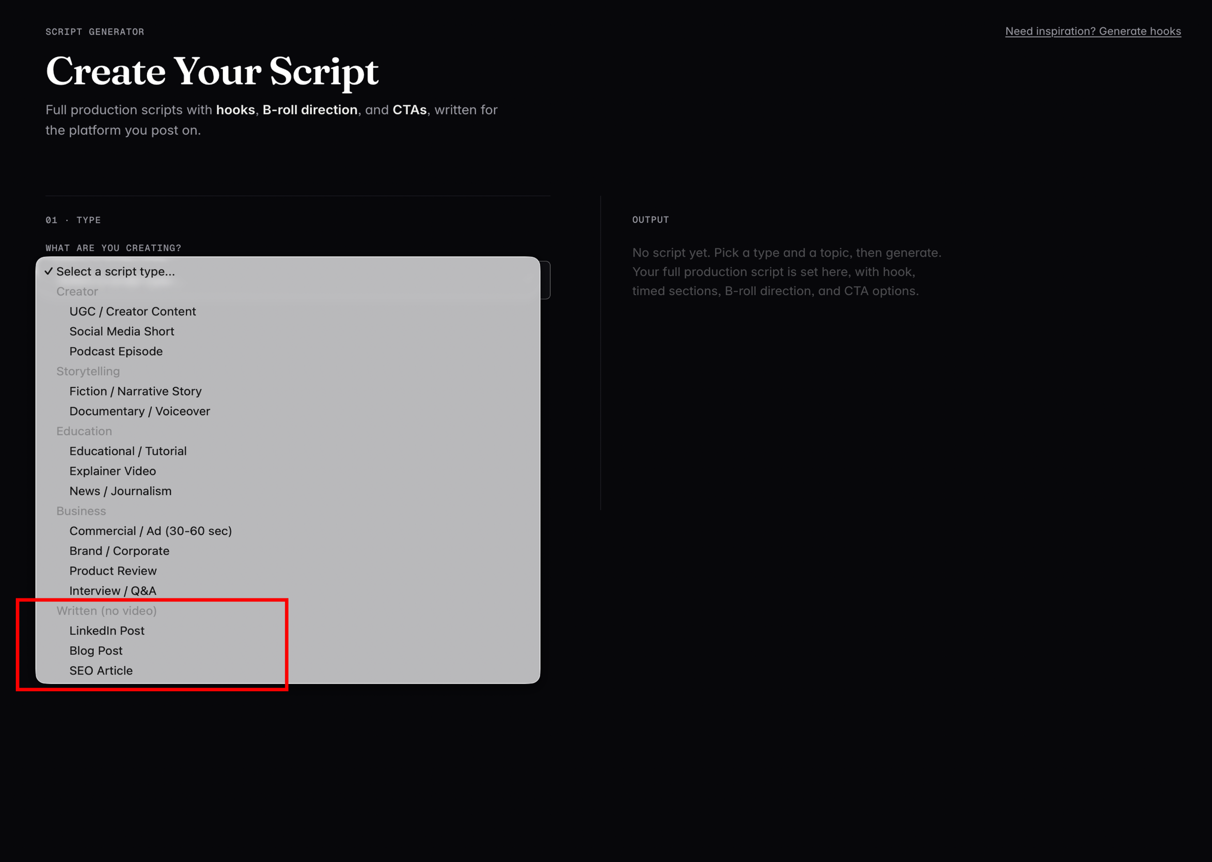 The Written (no video) group in the Script Generator's type dropdown