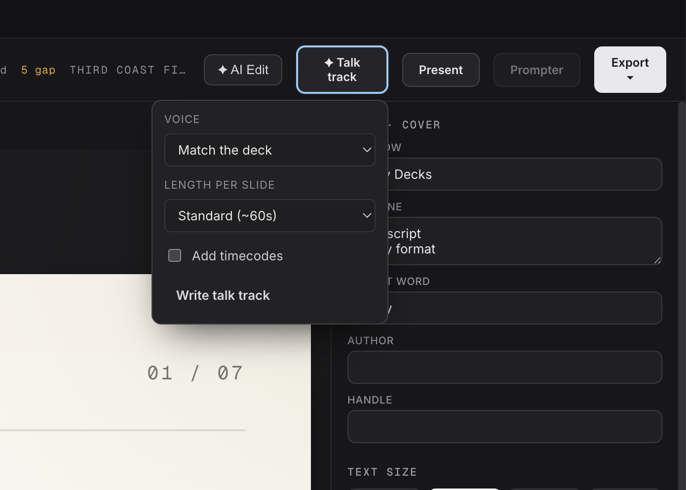 The Write talk track panel with controls for Voice set to Match the deck, Length per slide set to Standard about 60 seconds, an option to add timecodes, and a Write talk track button