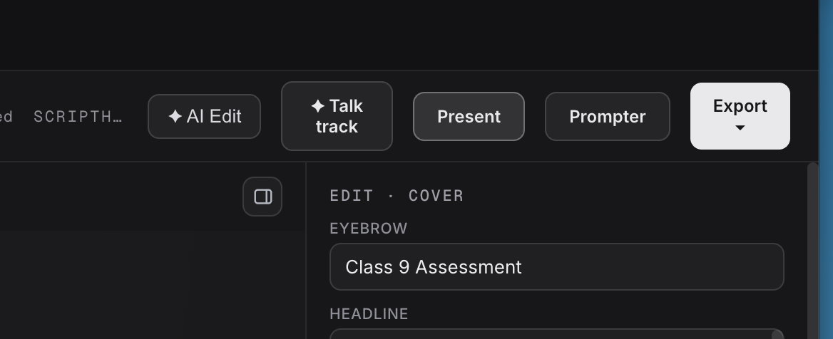 The Story Decks workbench toolbar showing Talk track and Prompter buttons sitting next to the Present and Export buttons