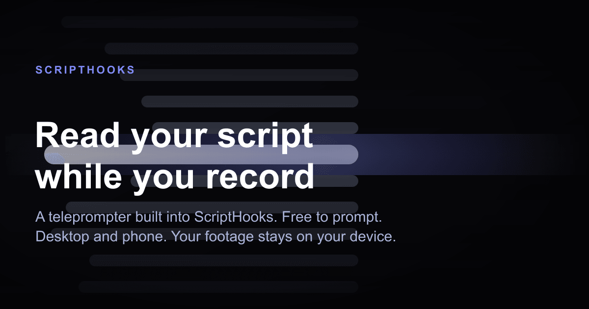 The Teleprompter setup screen inside ScriptHooks: a pasted script on the left, with controls to set reading pace and text size and to choose a camera, microphone, and recording quality, and a Start prompting button