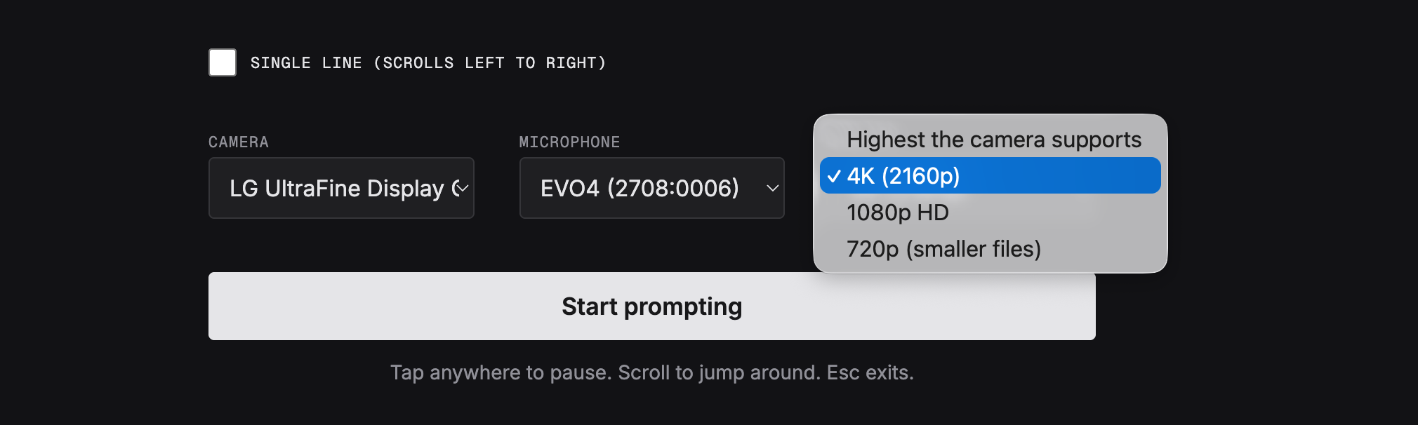 The recording quality selector open, listing options for Highest the camera supports, 4K (2160p), 1080p HD, and 720p