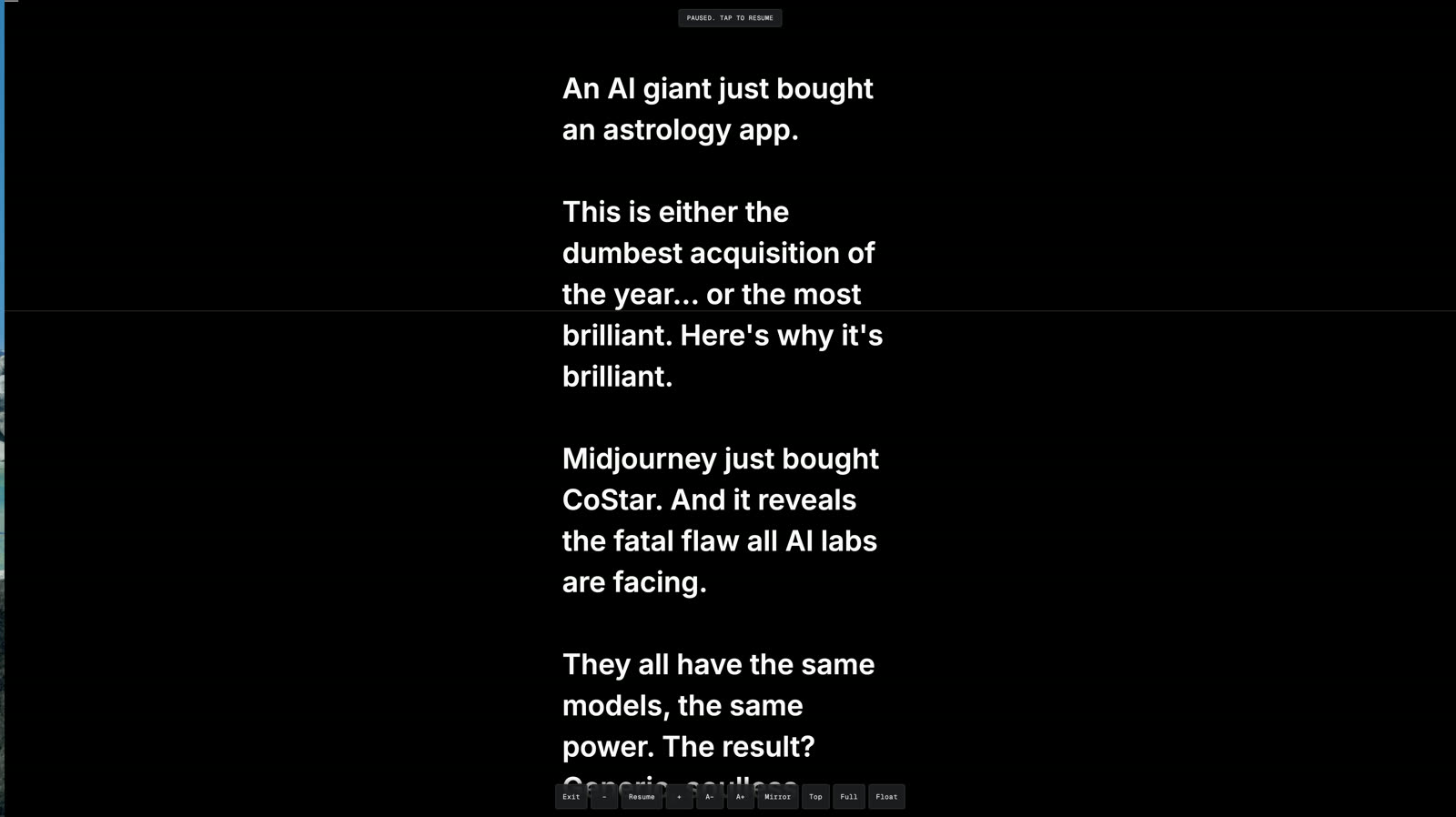 The Teleprompter reading view: large words auto-scrolling with a fixed read line across the middle of the screen, where one tap pauses the scroll