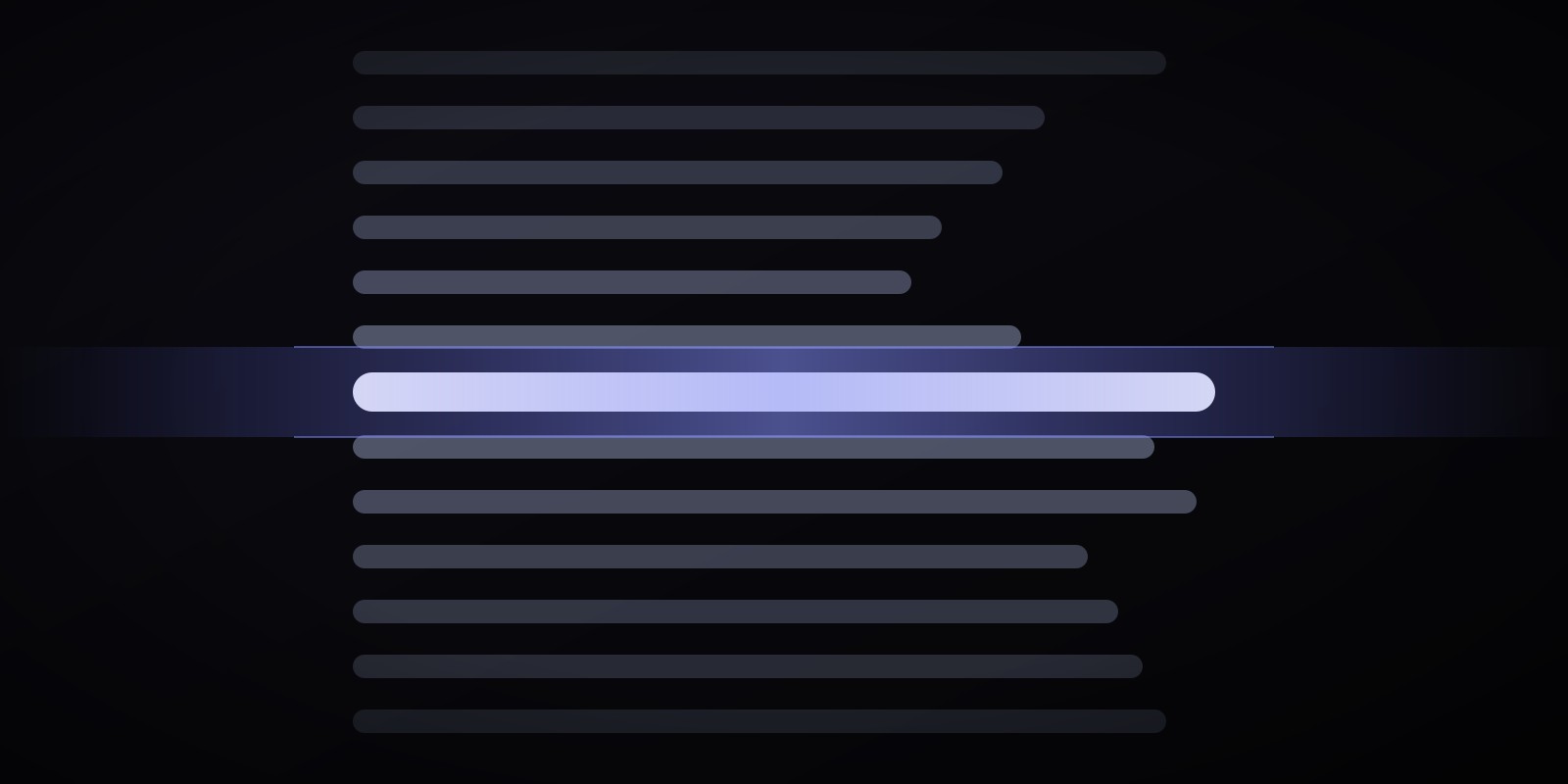 A teleprompter read line: dim rows of scrolling script text with one bright line highlighted across the middle of the screen.