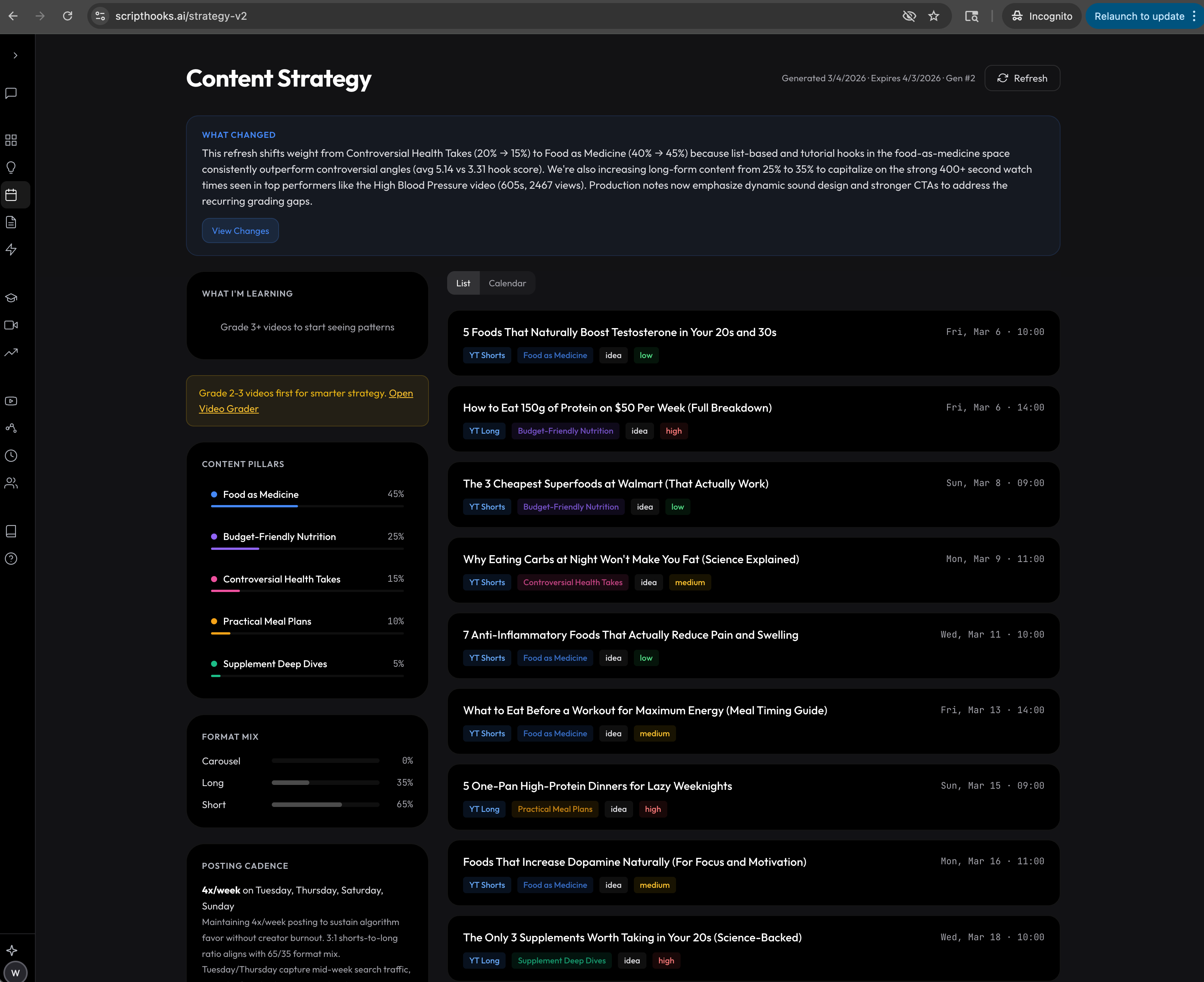 Strategy Engine showing content pillars, format mix, and calendar