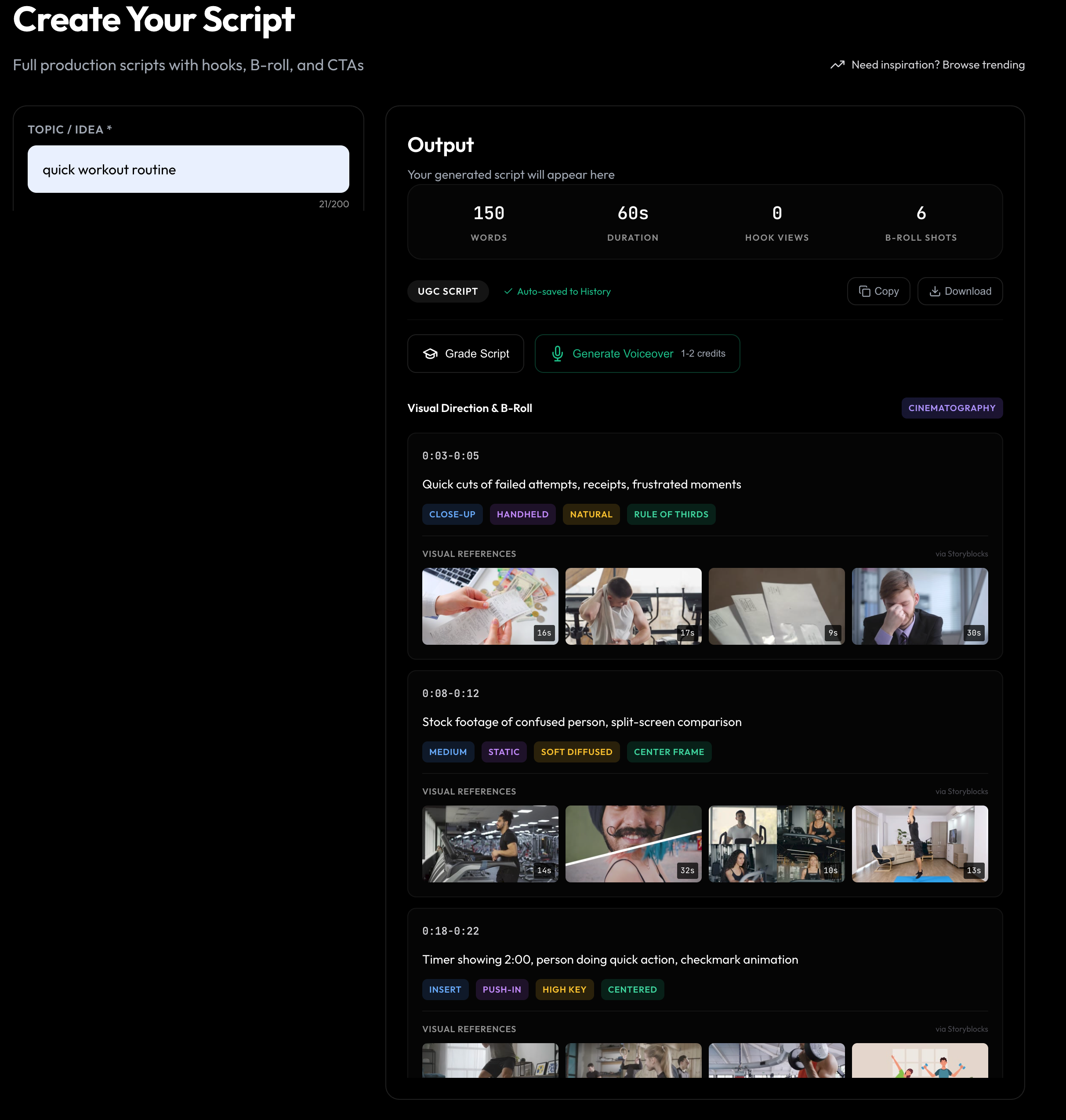 Script Generator showing Visual Direction and B-Roll with reference thumbnails