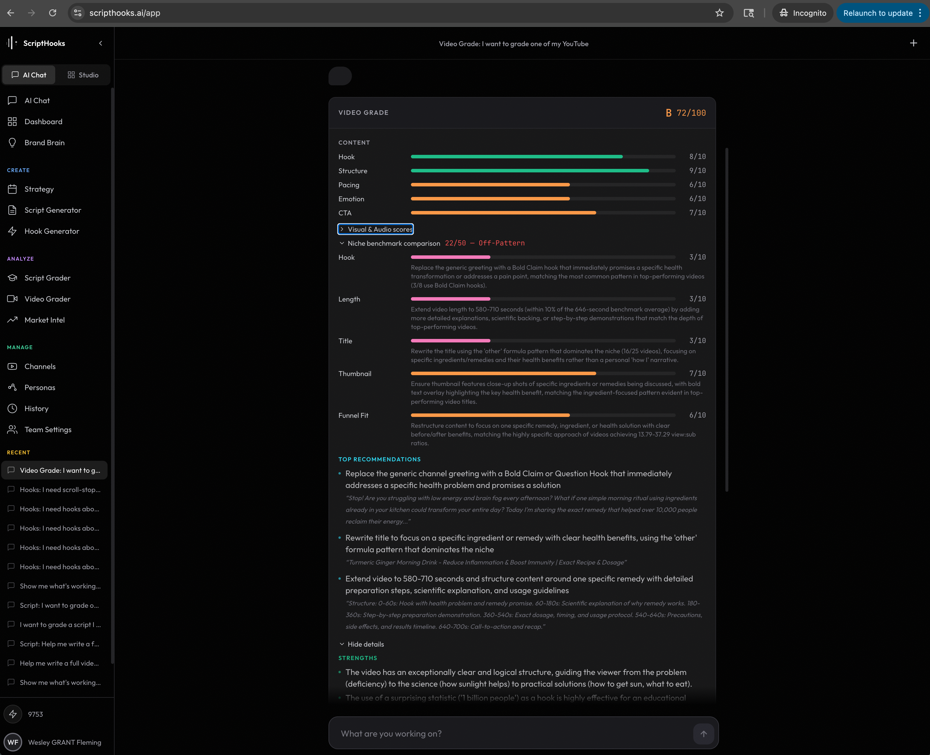 Video Grader with niche benchmark scoring and engagement arc